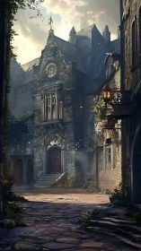 Old stone clocktower courtyard with ivy and soft light.