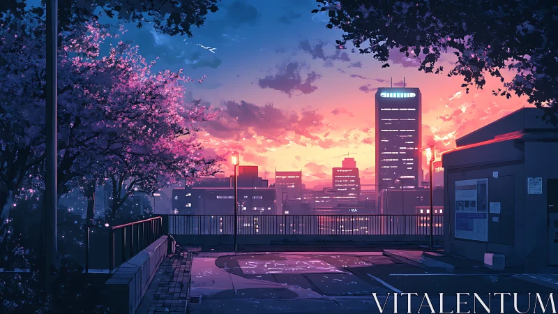 Twilight city skyline glows beyond quiet rooftop parking