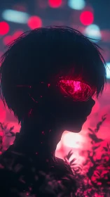 Neon dusk wanderer with glowing cyber visor in bloom-lit night.