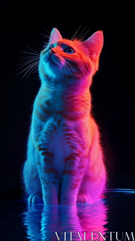 Neon-lit ginger cat basking in electric twilight reflections.