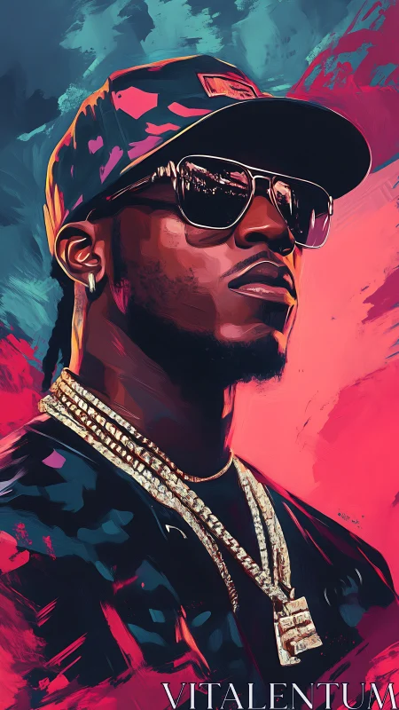 Stylized portrait of man in cap, sunglasses, and jewelry.
