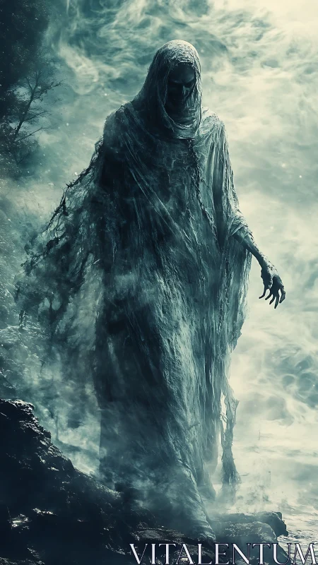 Shrouded wraith emerges from mist, rendered with high-detail volumetric fog