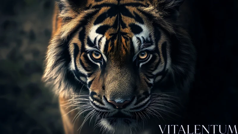 Tiger stares directly forward in low key dramatic lighting
