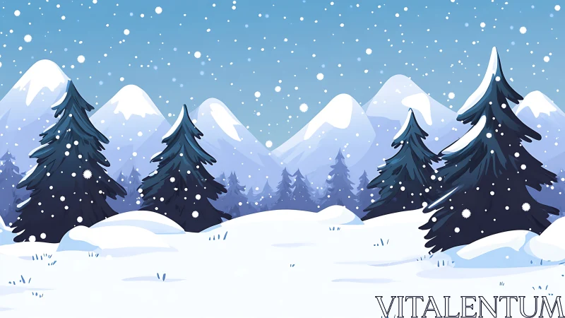 Stylized conifer forest in snowy alpine valley under snowfall