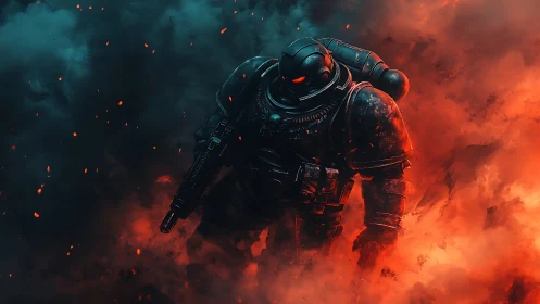 Armored wanderer crossing a storm of ember-red smoke.