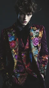 Velvet floral blazer bringing bold romance to evening style.