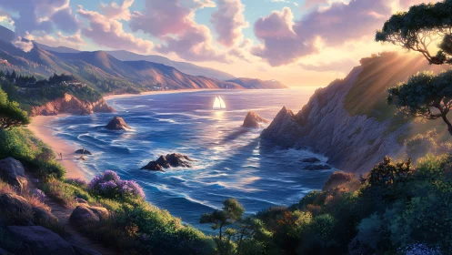 Sunlit coastal cliffs and sailboat on glowing evening sea.