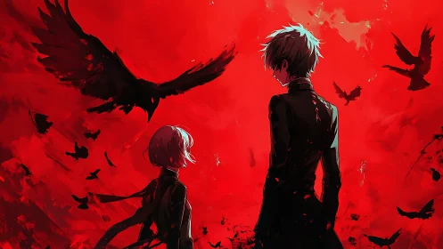 Crimson sky encounter with crows and two distant figures.