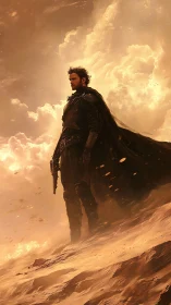 Armored sentinel on irradiated desert ridge at dusk.