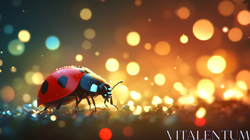 Ladybug illuminated by vivid bokeh in evening glow.