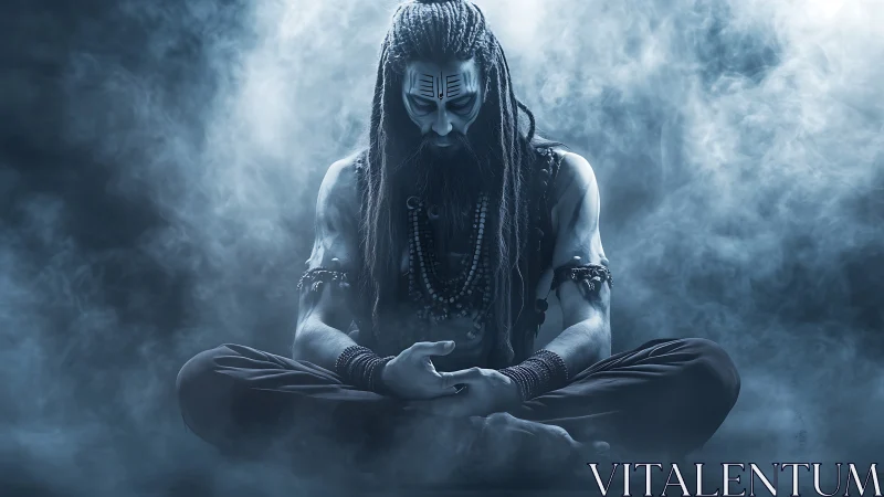 Mystical man with dreadlocks meditates in dense swirling fog