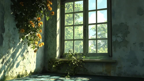 Sunlit overgrown window interior renders quiet natural decay