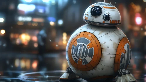 Lone spherical droid glows softly in a rainy neon street