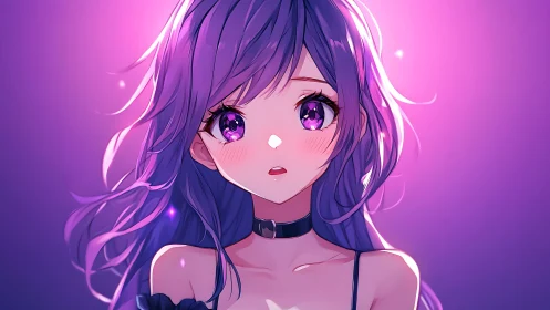 Violet haired anime girl in luminous magenta rim light portrait.