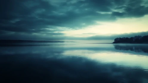 Soft morning light glows gently over a misty blue lake