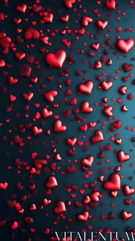 3D Red Hearts Scatter on Teal Background.
