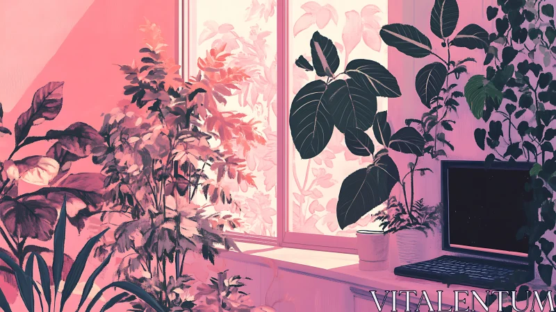Sunlit studio nook with lush plants and idle laptop glow.