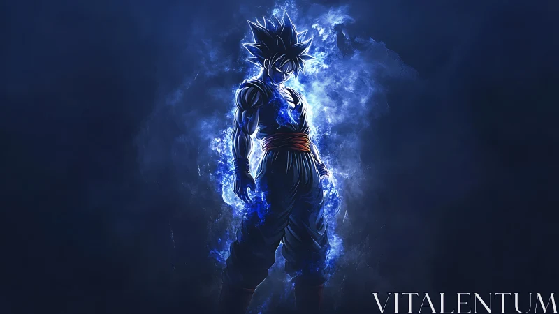 Energetic anime warrior silhouette with blue plasma aura field
