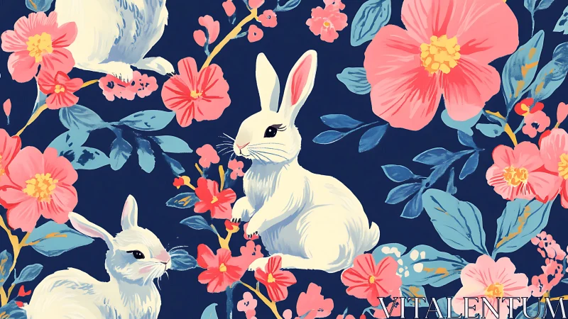 White rabbits amid coral blossoms on deep navy field.