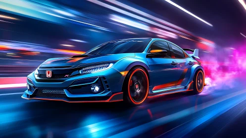Neon-lit Honda hot hatch racing through futuristic cityscape