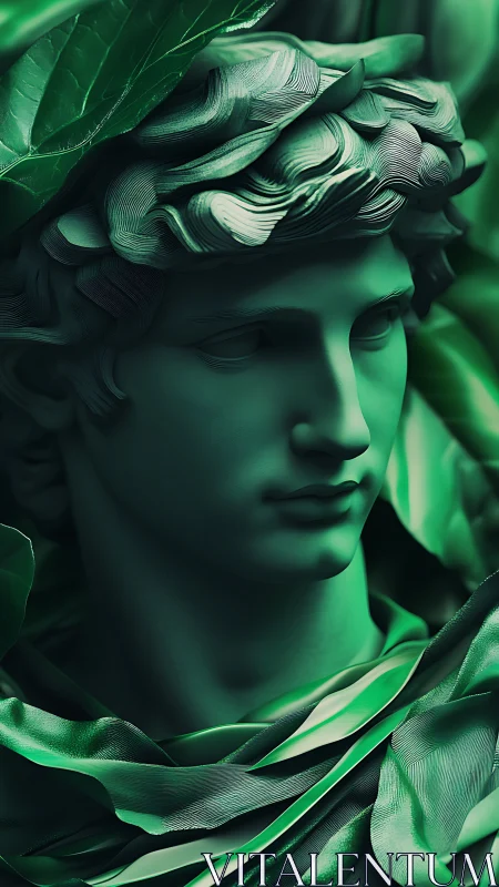 Emerald muse in sculpted leaves and softly folded light.