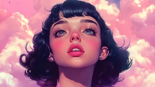 Digital portrait shows young woman against vivid pink clouds