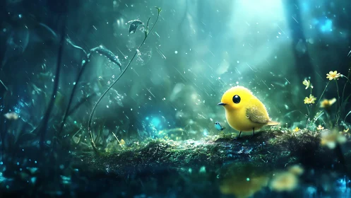 Tiny yellow bird glows softly in rainlit forest clearing.