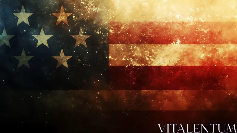 Scorched stars and stripes drift through smoky golden light