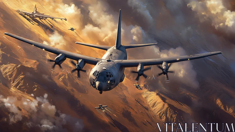 Strategic bomber squadron over sunlit desert cloudscape.