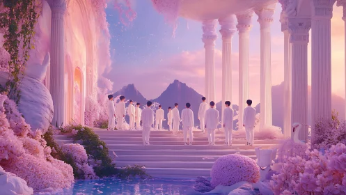 Ethereal colonnade gathering in pastel twilight fantasia.