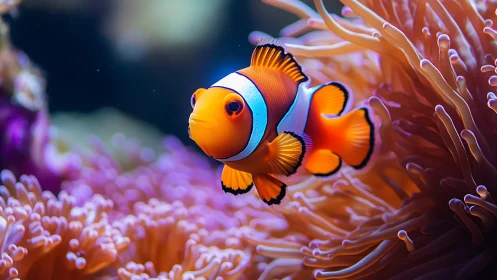 High-saturation clownfish swimming among anemone tentacles in shallow reef