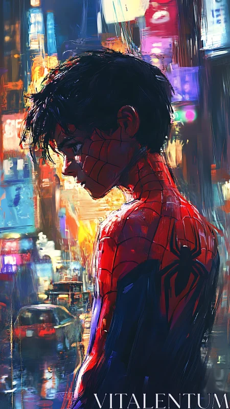 Melancholic young spider hero in neon city rain painting.