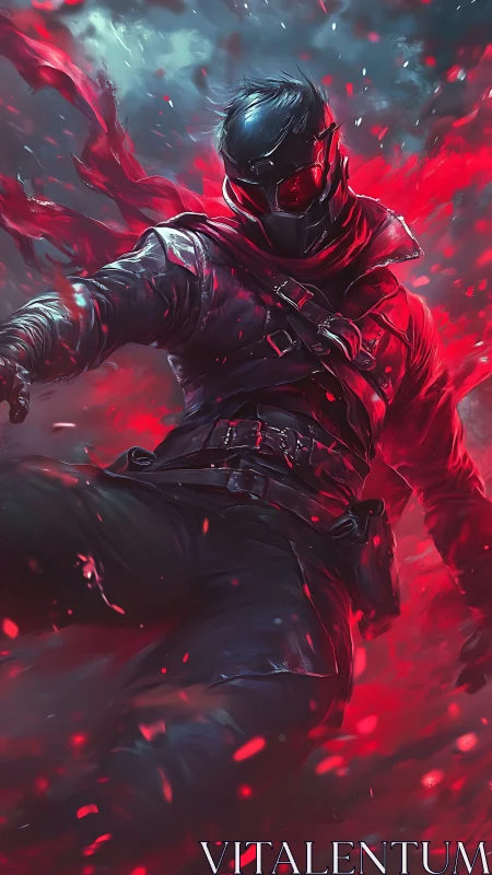 Masked warrior in red energy storm, dynamic pose scene.