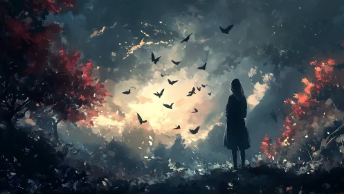 Soft dawn light welcomes a lone girl among circling birds