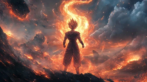 Fiery warrior stands strong in a storm of glowing power.