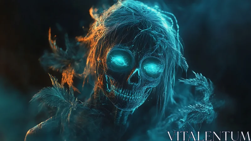 Glowing blue skull with ethereal hair in smoky darkness