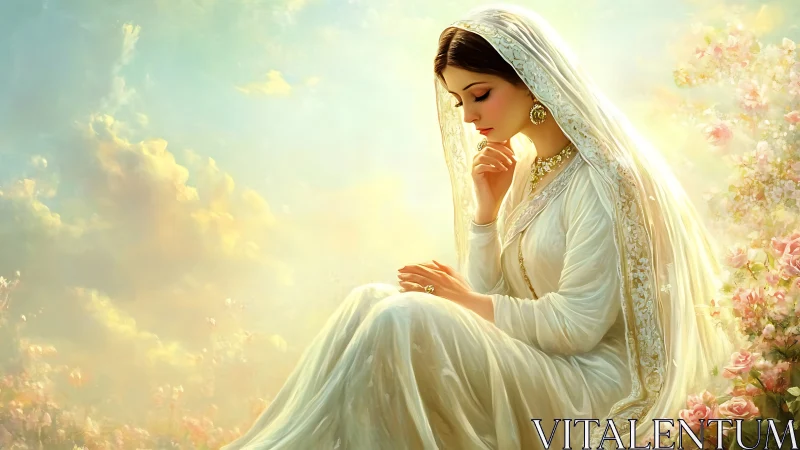 Digital painting of serene veiled woman in luminous garden.