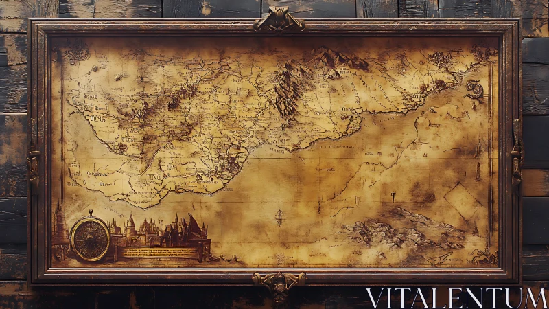 Antique fantasy realm wall map rendered in sepia cartographic detail