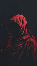 Crimson hooded phantom wrapped in shadow and splintered dusk.