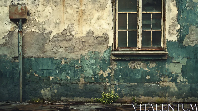 Weathered teal wall with peeling paint and old window.