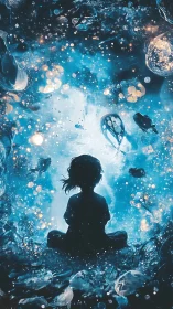 Silhouetted child adrift in luminescent cosmic dreamscape.
