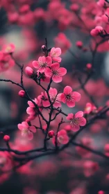 Pink Cherry Blossoms on Dark Branch.
