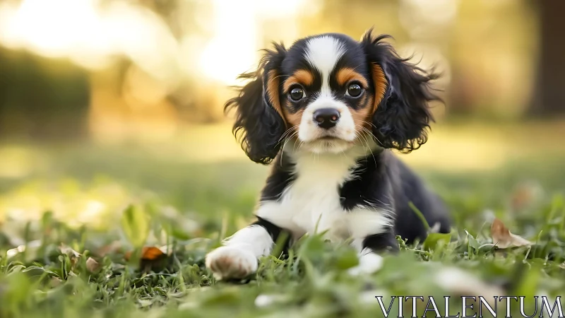 Small tricolor puppy lies on grass in shallow depth field