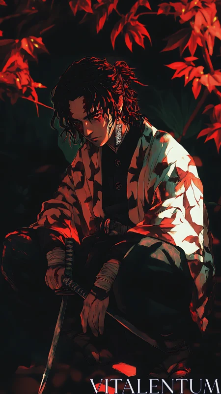 Brooding samurai crouches beneath burning autumn leaves at dusk