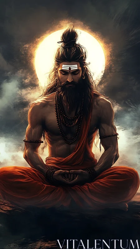 Ascetic yogi in fiery meditation beneath radiant halo