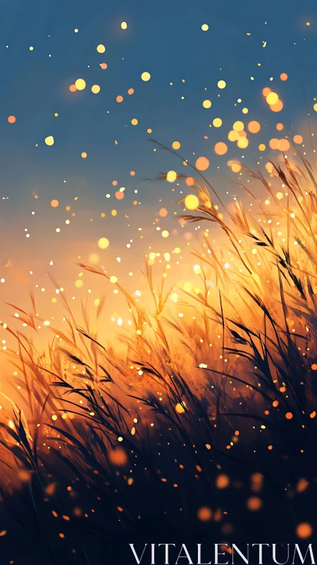 Golden dusk grasses glow under drifting light orbs.
