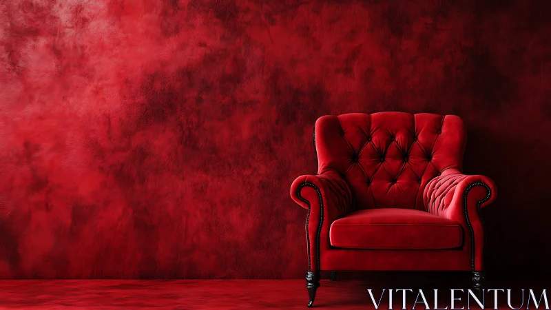 Red upholstered armchair stands before textured red wall