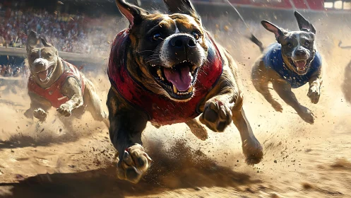 Joyful canine racers kicking up dust in a roaring stadium.