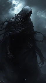 Hooded shadow figure in tattered cloak against cloudy sky.
