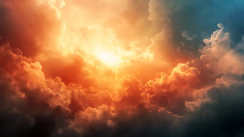 Sunlit storm clouds ignite dramatic glowing sky.